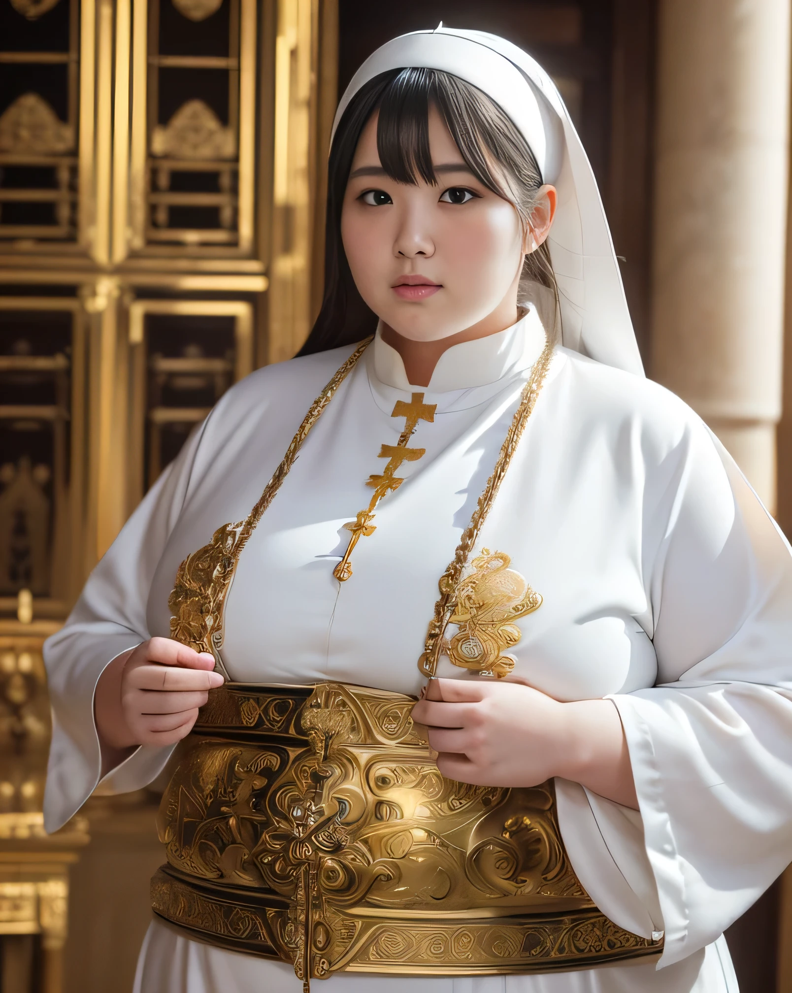 ((8K)), highest quality, 超High resolution, (High resolution), 1 girl, Overweight, ((Extremely fat)), ((Chubby)), Japanese, (((A 30-year-old white female monk from ancient Europe)))、(((Beautiful female priest))), (Ancient ornate and luxurious temple)、(((luxurious costumes and luxurious accessories)))