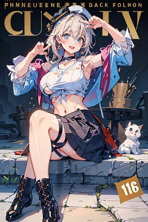 (masterpiece:1.2), (Military uniform magazine cover:1.4),best quality,PIXIV,Sweet girl , sexy posture,1girl, (perky chest:1.2), rolling upskirt by wind:1.6, (with sparkling eyes and a contagious smile),open mouth, (pointed chest:1.2),fishnets, black hair, boots, long hair, black nails, skirt, shirt, black footwear, bag, black skirt, jewelry, jacket,  thigh strap, bangs, necktie, earrings, nail polish, multicolored hair, looking at viewer, full body, bottle, own hands together, belt, jacket on shoulders, food, cats on head, ring, choker, english text, collared shirt, blue eyes, hat, lace-up boots ,masterpiece、highest quality、Very detailed、An illustration、Beautiful fine details、One Girl、cute、Detailed landscape、Training Room Background:1.4、Platinum Blonde Hair、Braided Ponytail、Red camisole、((c cup breasts, Tank top showing underboob:1.4))
