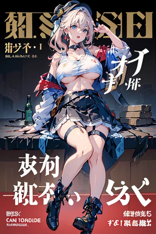 (masterpiece:1.2), (Military uniform magazine cover:1.4),best quality,PIXIV,Sweet girl , sexy posture,1girl, (perky chest:1.2), rolling upskirt by wind:1.6, (with sparkling eyes and a contagious smile),open mouth, (pointed chest:1.2),fishnets, black hair, boots, long hair, black nails, skirt, shirt, black footwear, bag, black skirt, jewelry, jacket, thigh strap, bangs, necktie, earrings, nail polish, multicolored hair, looking at viewer, full body, bottle, own hands together, belt, jacket on shoulders, food, cats on head, ring, choker, english text, collared shirt, blue eyes, hat, lace-up boots ,masterpiece、highest quality、Very detailed、An illustration、Beautiful fine details、One Girl、cute、Detailed landscape、Training Room Background:1.4、Platinum Blonde Hair、Braided Ponytail、Red camisole、((c cup breasts, Tank top showing underboob:1.4))