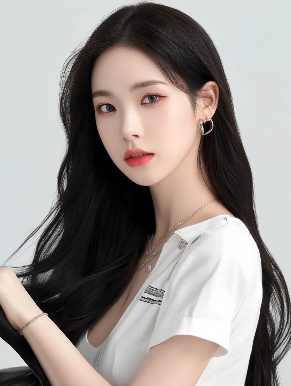 karina aespa, 1girl, solo, (realistic), (hyperrealism), (best quality), (masterpiece), (ultra high res), (ultradetailed), (photorealistic), (upper body:1.2), looking at the viewer, light eye makeup, detailed eyes, detailed face,