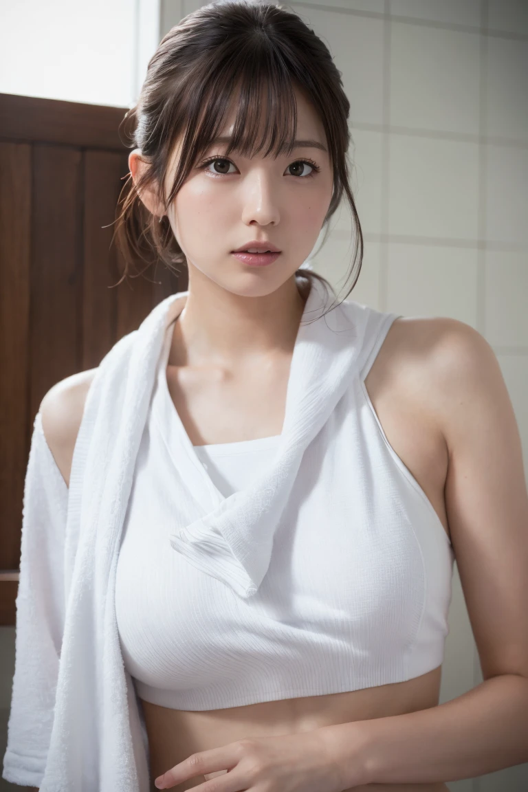 (8K, RAW Photos,Highest quality, High resolution:1.1), (超Realisticな:1.4),(Realistic, Realistic:1.3),The Beauty of Japan、Large Breasts、bath towel、((Upper Body:1.3)),holding panties 