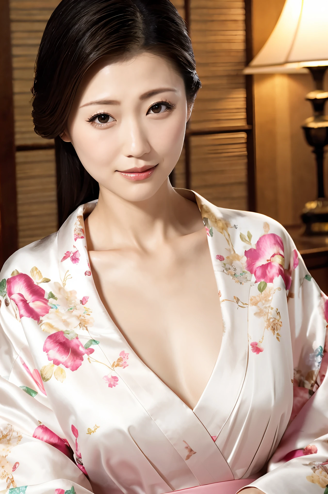 (Highest quality、Tabletop、8K、Best image quality、Award-winning works)、(1 Beautiful Mature Woman:1.1)、(Innkeeper:1.1)、(Elegant floral kimono:1.2)、Perfect Mature Woman Portrait Photo、Glowing Skin、Standing Elegantly、Face close-up、(Blurred elegant luxury hotel background:1.3)、Glowing White Skin、Very white skin、(Voluptuous body:1.1)、(Large Breasts:1.2)、(Accentuate your body lines:1.1)、The most elegant posture、(Sad expression:1.2)