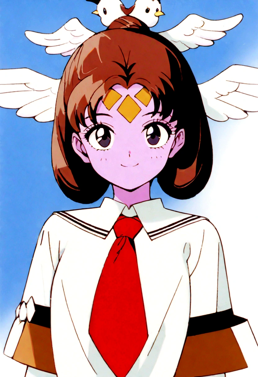 Youma body, pink skin, completely black eyes, little bird wings exclusively on her forehead near her bangs with two small beige mirrored diamond markings next to each other that are between said wings, short brown hair, 1950's girl hairstyle, looking at viewer smiling, DD Girl, sailor fuku with red tie.