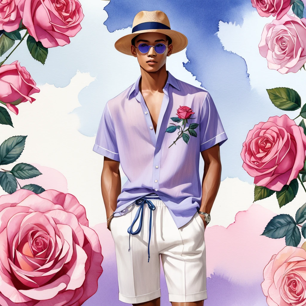 candid fashion illustration of young Mixed race 2man, both aged 18-23 year old, ((showcase fashion look book in linen outfits)), the design inspired of The Blue for You rose by David Austin, in elegant chic style. The man wears an oversized short-sleeved shirt with a minimal rose embroidery details, paired with relaxed-fit white Short with Drawstring, He completes his look with white sneakers and round glasses. The boyfriend complements him in a skinny fitted speedo in a stripe pattern, semi bulge, He resemble includes an accessorizes with a brimmed straw hat and white sneakers, Captured in a low angle, ((full-body image)), ((roses motifs background)), fashion sketching, realistic drawing, ((imperfect water color drawing background)), fashion look book, fashion illustrator, fashion sketch design, gay, gay couple, Blue for You Rose, Purple-mauve, notable for its unique mauve or lavender-blue color. The semi-double blooms have a delicate, soft blue-lavender hue, unusual color in the rose spectrum