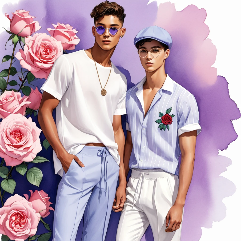 candid fashion illustration of young Mixed race 2man, both aged 18-23 year old, ((showcase fashion look book in linen outfits)), the design inspired of The Blue for You rose by David Austin, in elegant chic style. The man wears an oversized short-sleeved shirt with a minimal rose embroidery details, paired with relaxed-fit white Short with Drawstring, He completes his look with white sneakers and round glasses. The boyfriend complements him in a skinny fitted speedo in a stripe pattern, semi bulge, He resemble includes an accessorizes with a brimmed straw hat and white sneakers, Captured in a low angle, ((full-body image)), ((roses motifs background)), fashion sketching, realistic drawing, ((imperfect water color drawing background)), fashion look book, fashion illustrator, fashion sketch design, gay, gay couple, Blue for You Rose, Purple-mauve, notable for its unique mauve or lavender-blue color. The semi-double blooms have a delicate, soft blue-lavender hue, unusual color in the rose spectrum