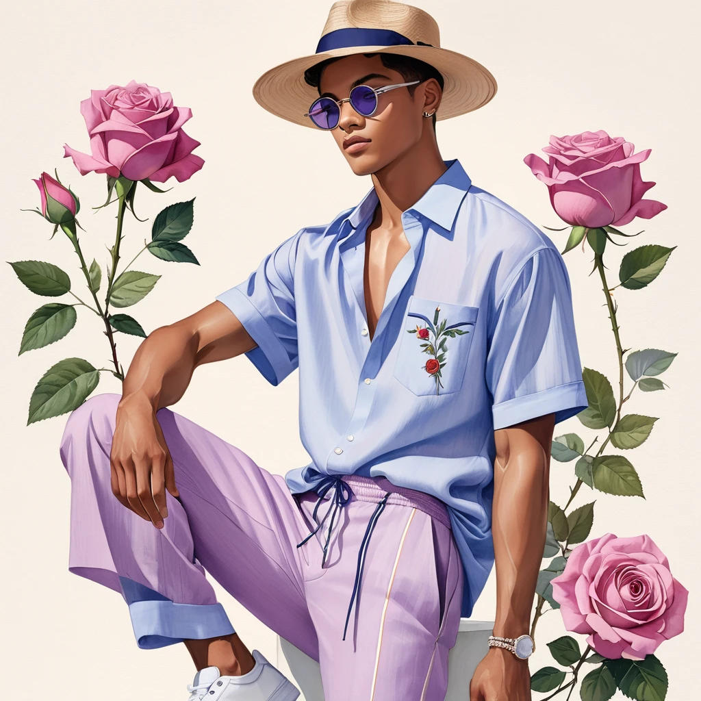 candid fashion illustration of young Mixed race 2man, both aged 18-23 year old, ((showcase fashion look book in linen outfits)), the design inspired of The Blue for You rose by David Austin, in elegant chic style. The man wears an oversized short-sleeved shirt with a minimal rose embroidery details, paired with relaxed-fit white Short with Drawstring, He completes his look with white sneakers and round glasses. The boyfriend complements him in a skinny fitted speedo in a stripe pattern, semi bulge, He resemble includes an accessorizes with a brimmed straw hat and white sneakers, Captured in a low angle, ((full-body image)), ((roses motifs background)), fashion sketching, realistic drawing, ((imperfect water color drawing background)), fashion look book, fashion illustrator, fashion sketch design, gay, gay couple, Blue for You Rose, Purple-mauve, notable for its unique mauve or lavender-blue color. The semi-double blooms have a delicate, soft blue-lavender hue, unusual color in the rose spectrum
