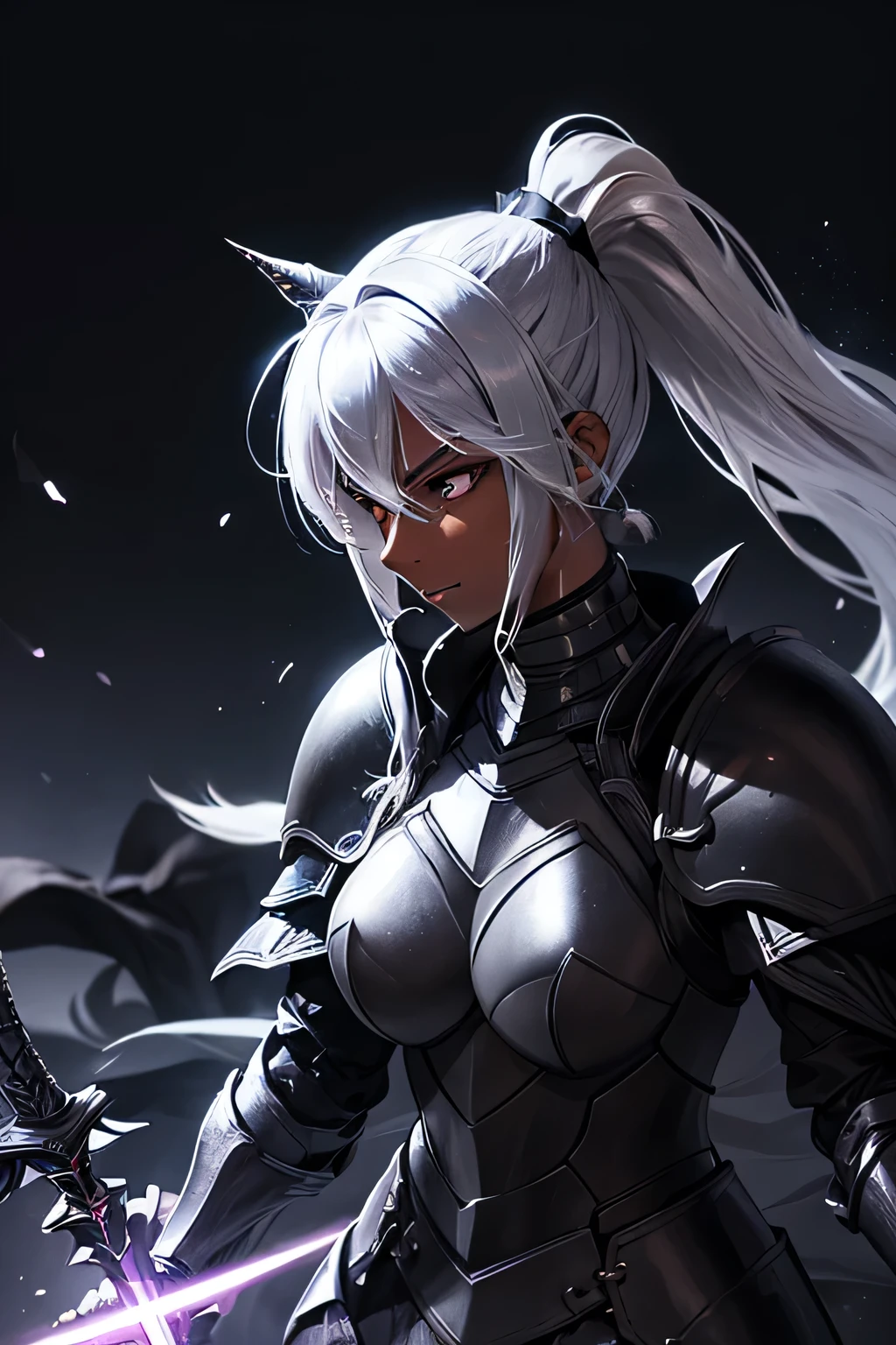 Beautiful 20 year old woman, (((Silver ponytail))),(((Dark Skin)))、Dark Knight,(((Black Armor)))、Swinging the Sword、In the Dark、Black Cape