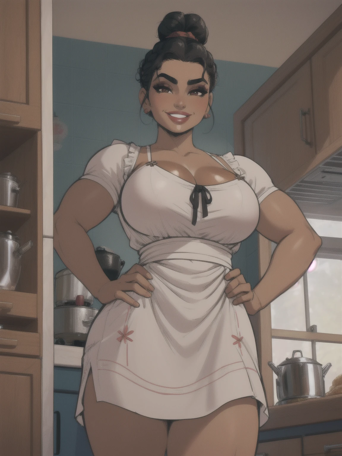 woman, solo, 1woman, retro, wearing dress and apron, (tanned skin:1.1), latina, standing in kitchen, modern kitchen, (huge breasts:1.1), (nipple outline:0.7), muscular, black hair, updo, hair bun, makeup, looking down at viewer, hands on hips, (from below:1.3), (extremely low angle:1.2), smiling, incase, facing viewer, luisaxl,