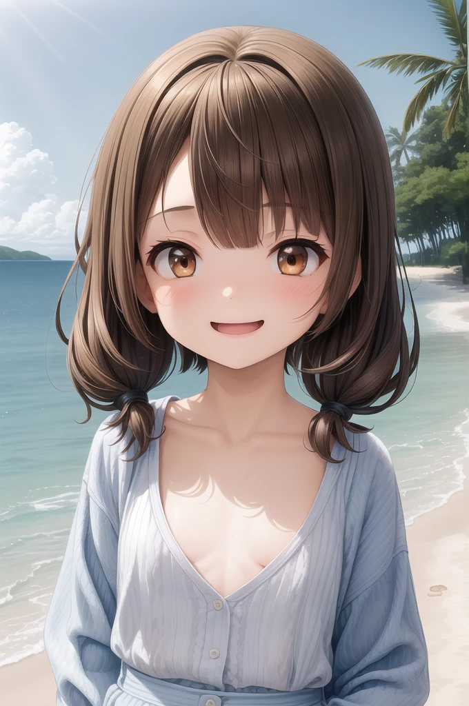 10 years old,Girl,,Flat Chest,underwear,Highest quality、High resolution、Detailed Background、Beautiful face in every detail、Teenage Beauty、Cute hair colour、Brown Hair、Black Hair、Bobcut、Twin tails、Big smile、boost mood、 Summer sun、Shining Sea
