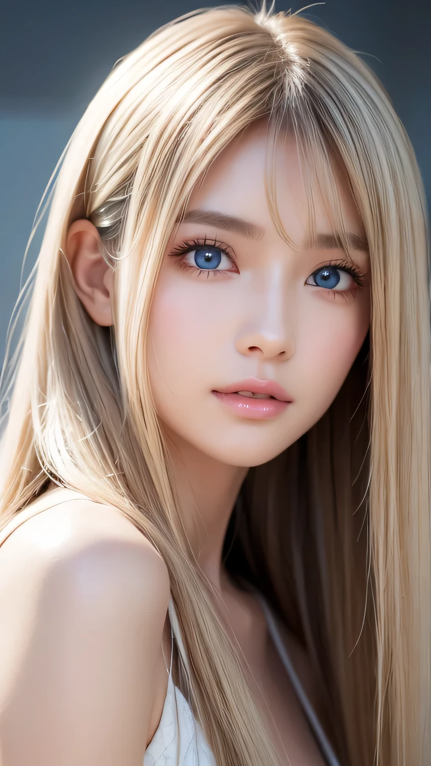 Dressed、(Photorealistic:1.4)、(ハイパーRealistic:1.4)、(Realistic:1.3)、(Smooth lighting:1.05)、(Improved cinematic lighting quality:0.9)、32k、1 Girl、A beautiful woman、Very cute expression、A beautiful 15 year old blonde girl、bangs that fall on the face、Bangs left over the eyeessy bangs between the eyes and nose、Realistic top lighting、Backlight、Face Light、Super long silky platinum hair、Blonde rays、(Bright light:1.2)、(quality improvement:1.4)、(Highest quality realistic textured skin:1.4)、Very beautiful, detailed, shiny, very bright, mint blue, large eyes、Very big eyes、Detailed face、A careful eye for quality、(Tired, sleepy and satisfied: 0.0)、Face close up、T-Shirts、(Enhances the body line:1.1)、(Enhances the beauty of skin texture:1.1)、Cheek gloss highlighter、Small Face Beauty、Round face、Very white and bright skin