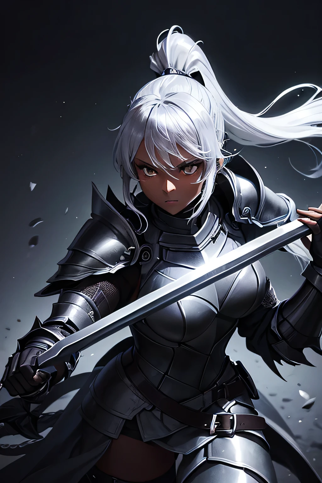 Beautiful 20 year old woman, (((Silver ponytail))),(((Dark Skin)))、Dark Knight,(((Black Armor)))、Swinging the Sword、In the Dark、Black Cape