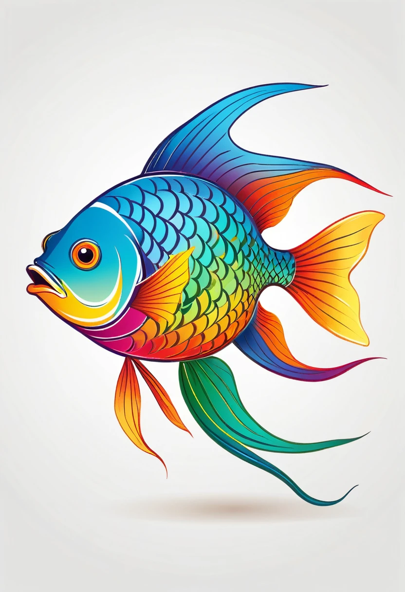happy multicolored fish, Simplified Realistic Drawings style, outline, vector, white background