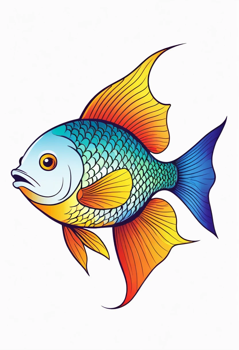 happy multicolored fish, Simplified Realistic Drawings style, outline, vector, white background