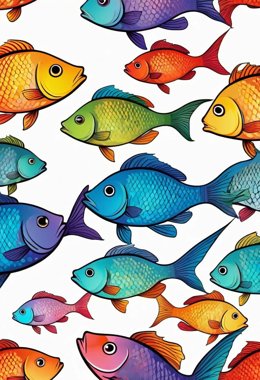happy multicolored fish, Simplified Realistic Drawings style, outline, vector, white background