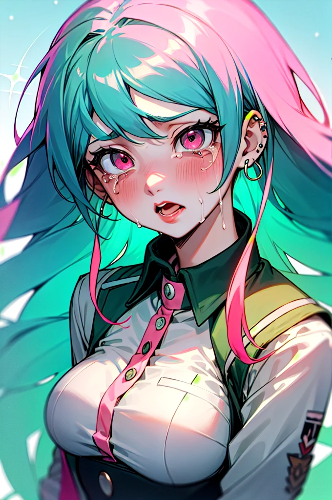 a girl from the danganronpa anime with long turquoise blue hair with green and pink streaks, pink eyes with stars,medium big tits, kibougamine academy uniform, piercings, thick red lips, crying inconsolably and screaming with her face full of her tears because she lost her real love she can’t contain herself and scream very loudly but still shocked 