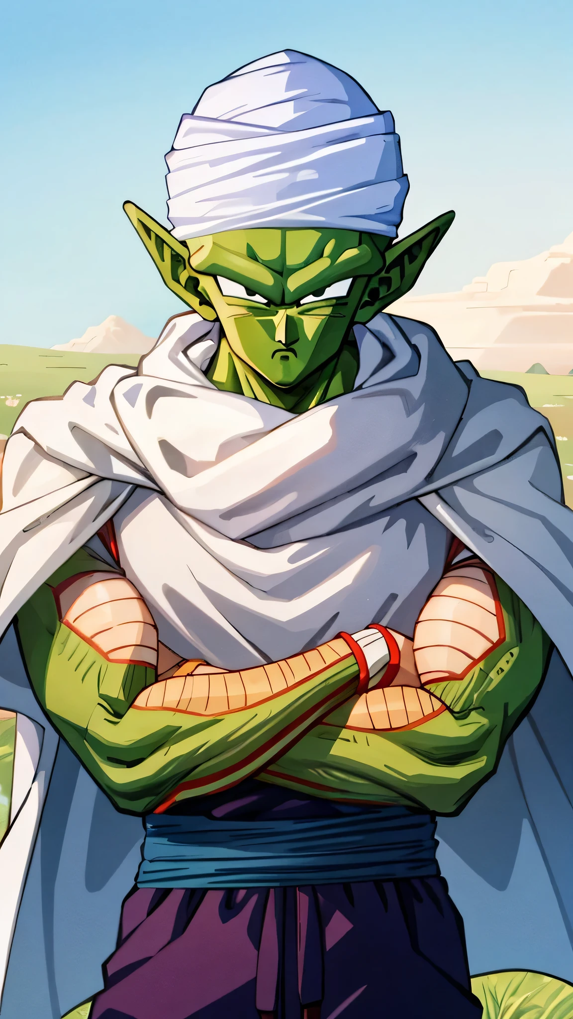 {{{masterpiece}}}, {{{best quality}}}, {{ultra-detailed}}, {illustration}, {{an extremely delicate and beautiful}}, (beautiful detailed eyes:1.6), extremely detailed face, 8k, anime face, piccolo(Dragon Ball),1boy, solo, pointy ears, bald, black eyes, green skin pink patches, purple dougi, purple pants, blue sash, (white turban), white cape, BREAK, glare, closed mouth, looking at viewer, crossed arms, rocky grassfields, standing, isometric drawing