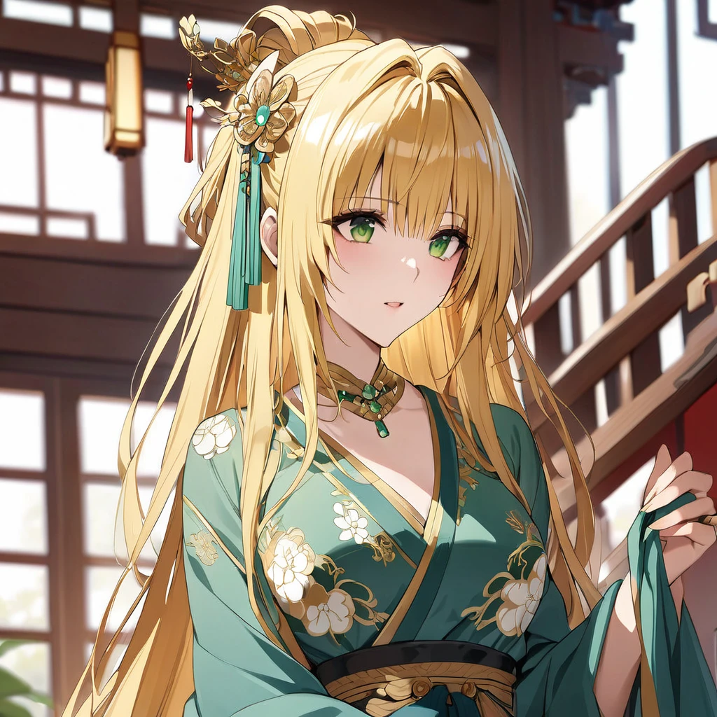 ((Highest quality)), ((masterpiece)), (detailed), (Perfect Face)、In a Chinese palace, a woman is wearing a Chinese Tiayū, a gorgeous and dazzling Hanfu with lots of gold embroidery, a gorgeous hair ornament, gorgeous jeweled accessories, and an engagement ring.、The woman is an elegant Chinese Tieryu with green eyes and medium-long blonde hair. She is wearing a Hanfu dress with gorgeous gold embroidery all over it.