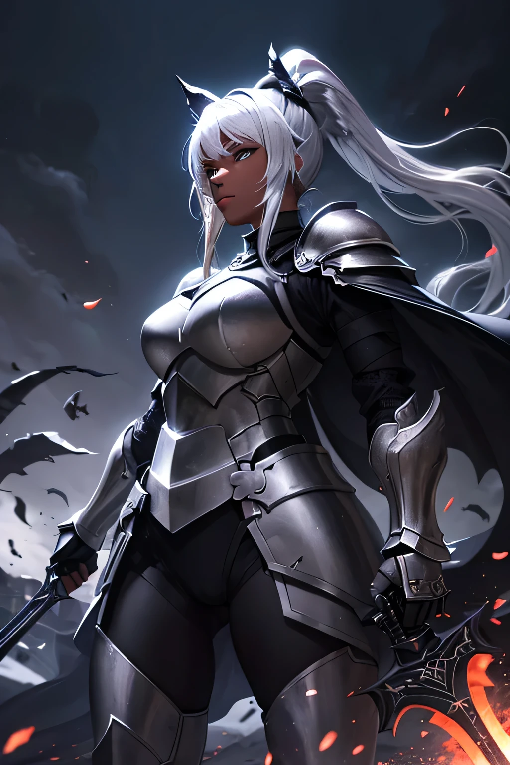 Beautiful 20 year old woman, (((Silver ponytail))),(((Dark Skin)))、Dark Knight,(((Black Armor)))、Swinging the Sword、In the Dark、Black Cape