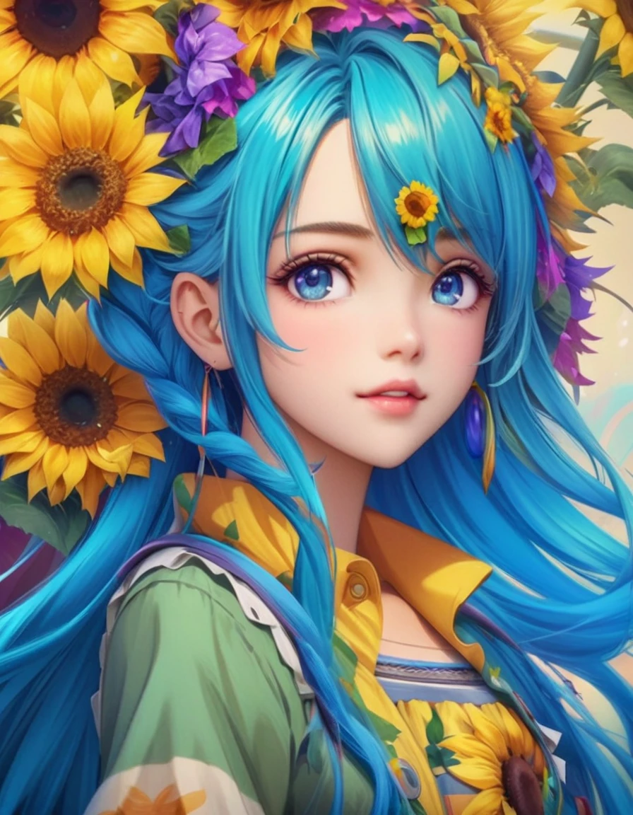 A girl with blue hair and a sunflower on her head, Beautiful sunflower anime girl, detailed Digital anime art, Anime Style 4k, 8k high quality detailed art, Highly detailed art gems, anime art wallpaper 4k, anime art wallpaper 4k, Art Station pixiv's artgerm, ! Dream Art Germ, Digital anime art, Detailed anime art