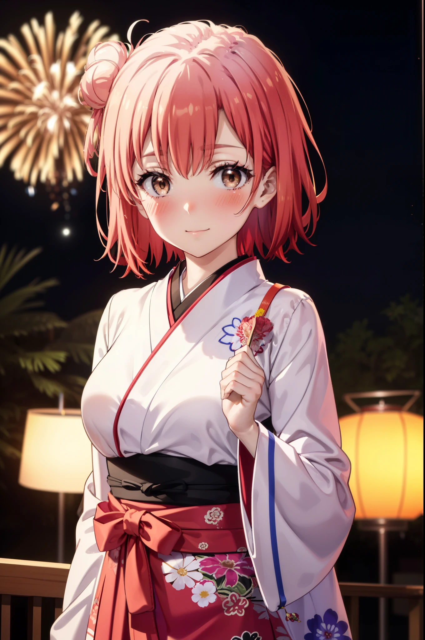 yuiyuigahama, yui yuigahama, short hair, (Brown eyes:1.5), (Pink Hair:1.2), smile,blush,Hair Bun,single Hair Bun, smile,Flower Hair Ornaments,Big Breasts,Pink kimono,Thick sleeves,Pink long skirt,Japanese Festivals,Summer festival food stalls,Red lantern,Fireworks in the night sky、Fireworks,The place is a fireworks display,Time is night,whole bodyがイラストに入るように
break outdoors, shrine,
break looking at viewer, whole body, (Cowboy Shot:1. 5)
break (masterpiece:1.2), Highest quality, High resolution, unity 8k wallpaper, (figure:0.8), (Beautiful attention to detail:1.6), Highly detailed face, Perfect lighting, Highly detailed CG, (Perfect hands, Perfect Anatomy),