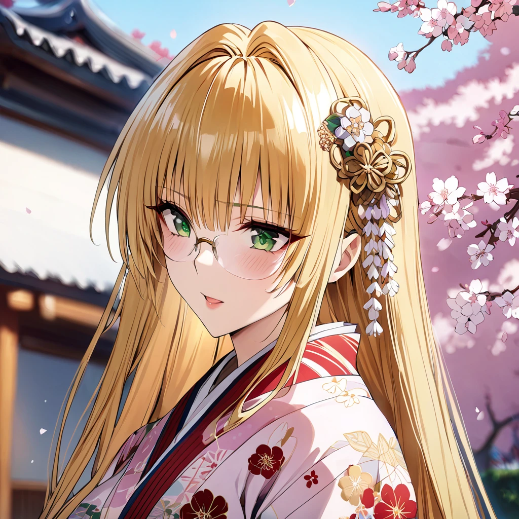 ((Highest quality)), ((masterpiece)), (detailed), （Perfect Face）、The woman in the Japanese garden is a Japanese Tiare, wearing a gorgeous and dazzling kimono, gorgeous hair ornaments, gorgeous jeweled accessories, and an engagement ring.、The woman is an elegant Tieryu with green eyes and blonde medium-long hair. The woman is a Japanese Tieryu wearing a Japanese kimono.