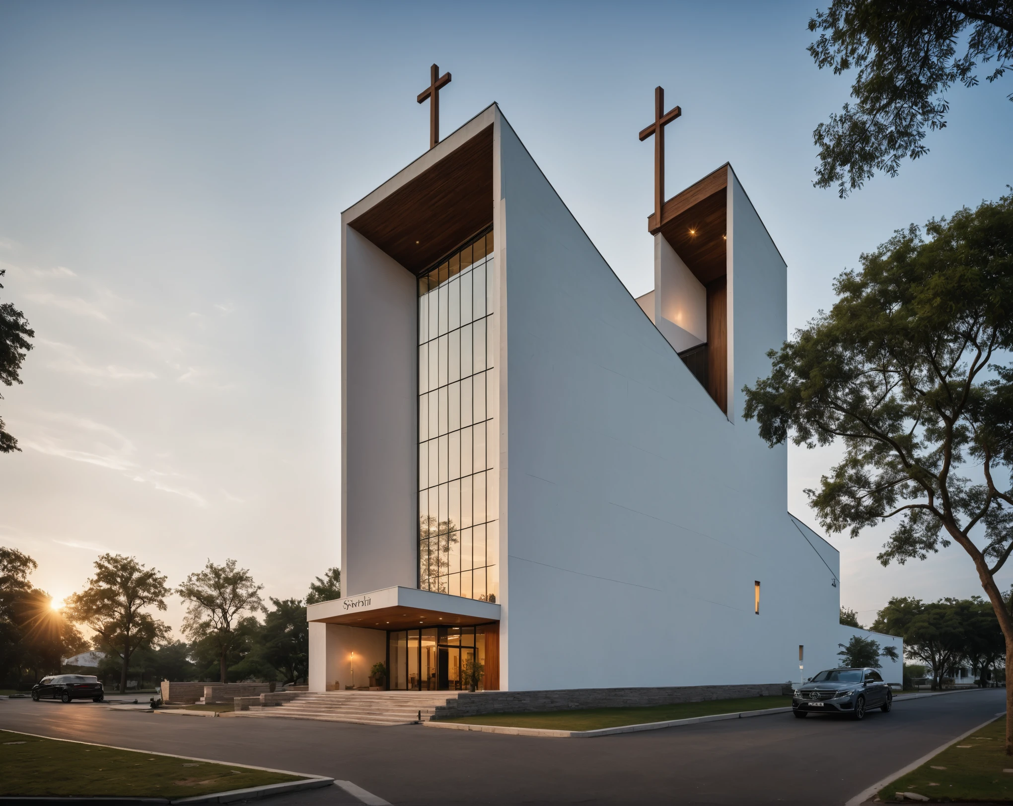 raw photo, best quality, ultra realistic, masterpiece, best quality skin, photography hd, dslr,
tcs, httlvn, modern church, road, people, house, facade design, outdoors, church, white walls, cross on top,
Dusk, sunshine,
View from a tree, dof view,