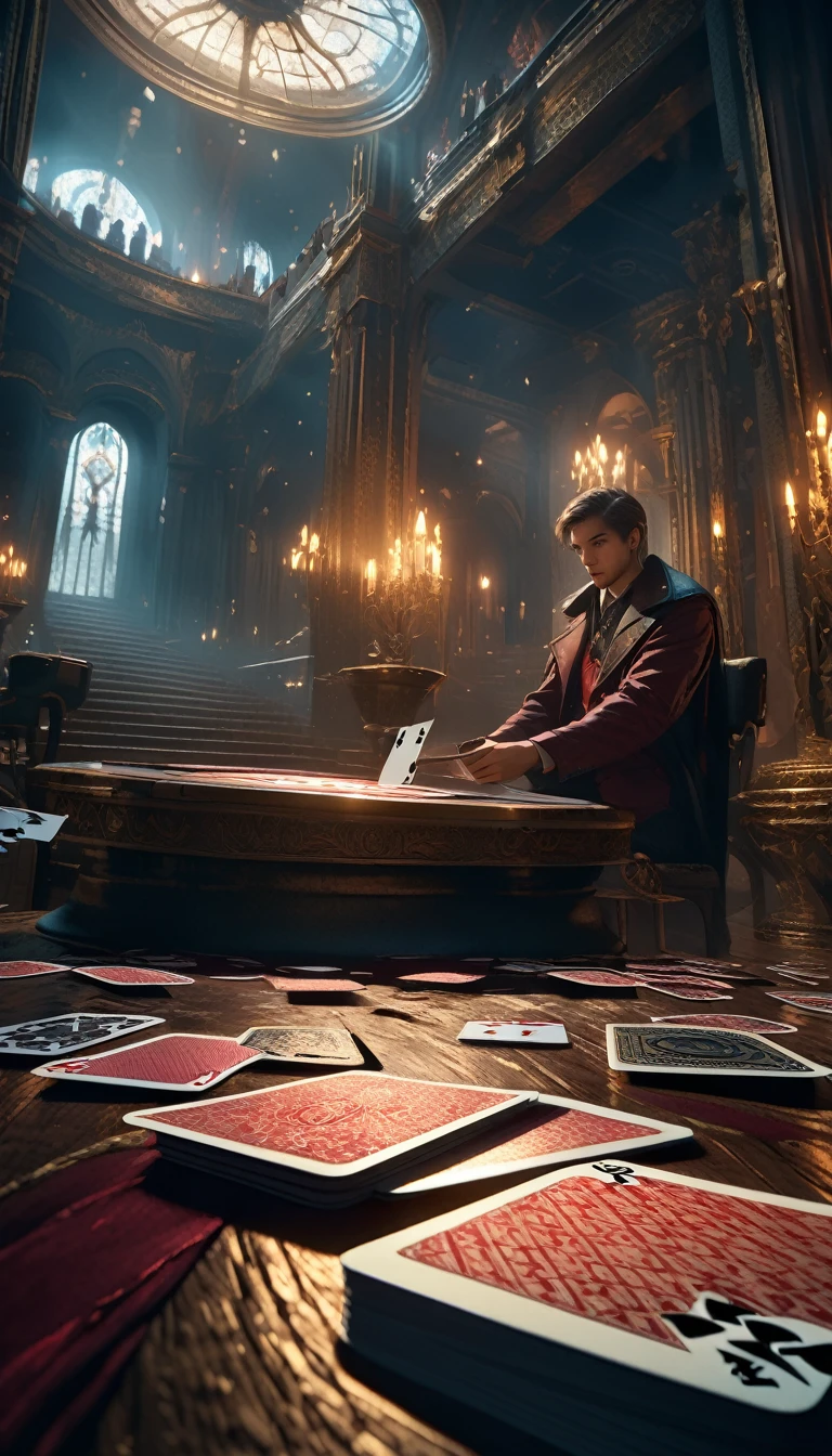 floating card tricks, dark fantasy, cinematic lighting, dramatic perspective, intricate details, moody atmosphere, rich colors, masterpiece, photorealistic, highly detailed, 8k, HDR