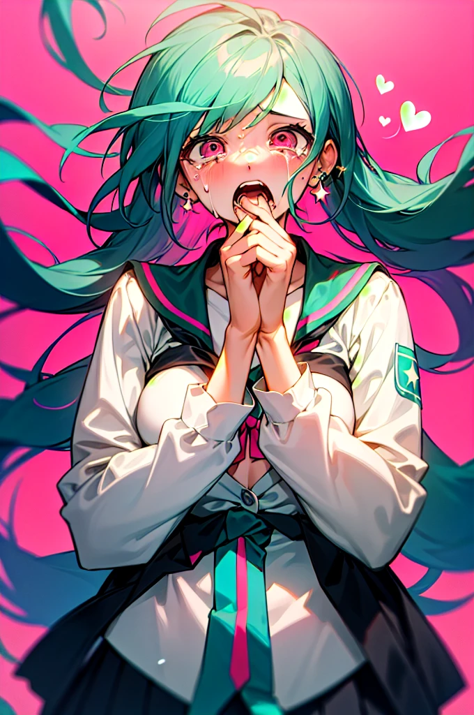 a girl from the danganronpa anime with long turquoise blue hair with green and pink streaks, pink eyes with stars,medium big tits, kibougamine academy uniform, piercings, thick red lips, crying inconsolably and screaming with her face full of her tears because she lost her real love she can’t contain herself and scream very loudly but still shocked
