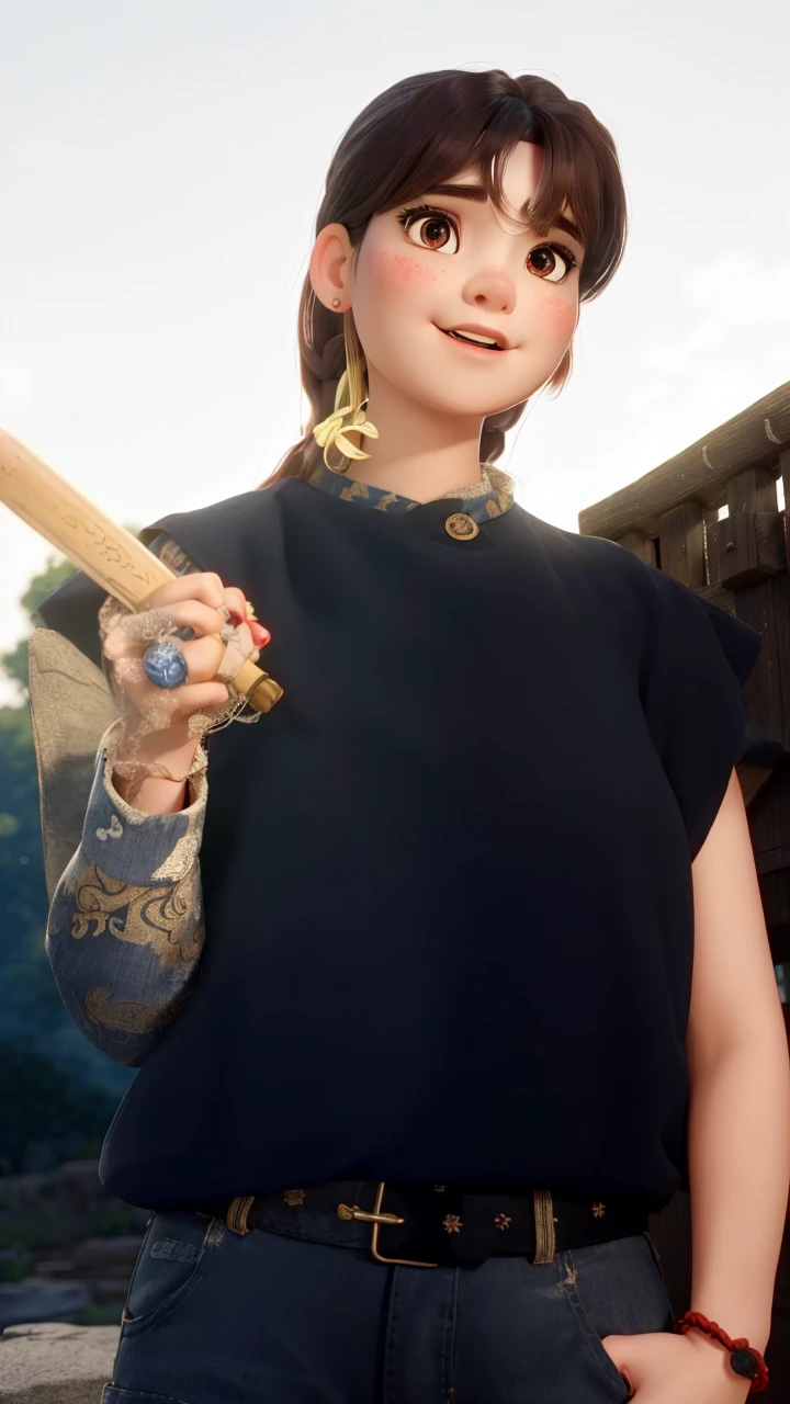 masterpiece, best quality, 1girl, hu tao, hat, red eyes, twintails, brown hair, solo, symbol-shaped pupils, long hair, bangs, official outfit, shorts, china dress, outdoor, Disney Pixar style, dynamic pose, detailed facial features, intricate details, vibrant colors, natural lighting, cinematic composition, dreamlike atmosphere