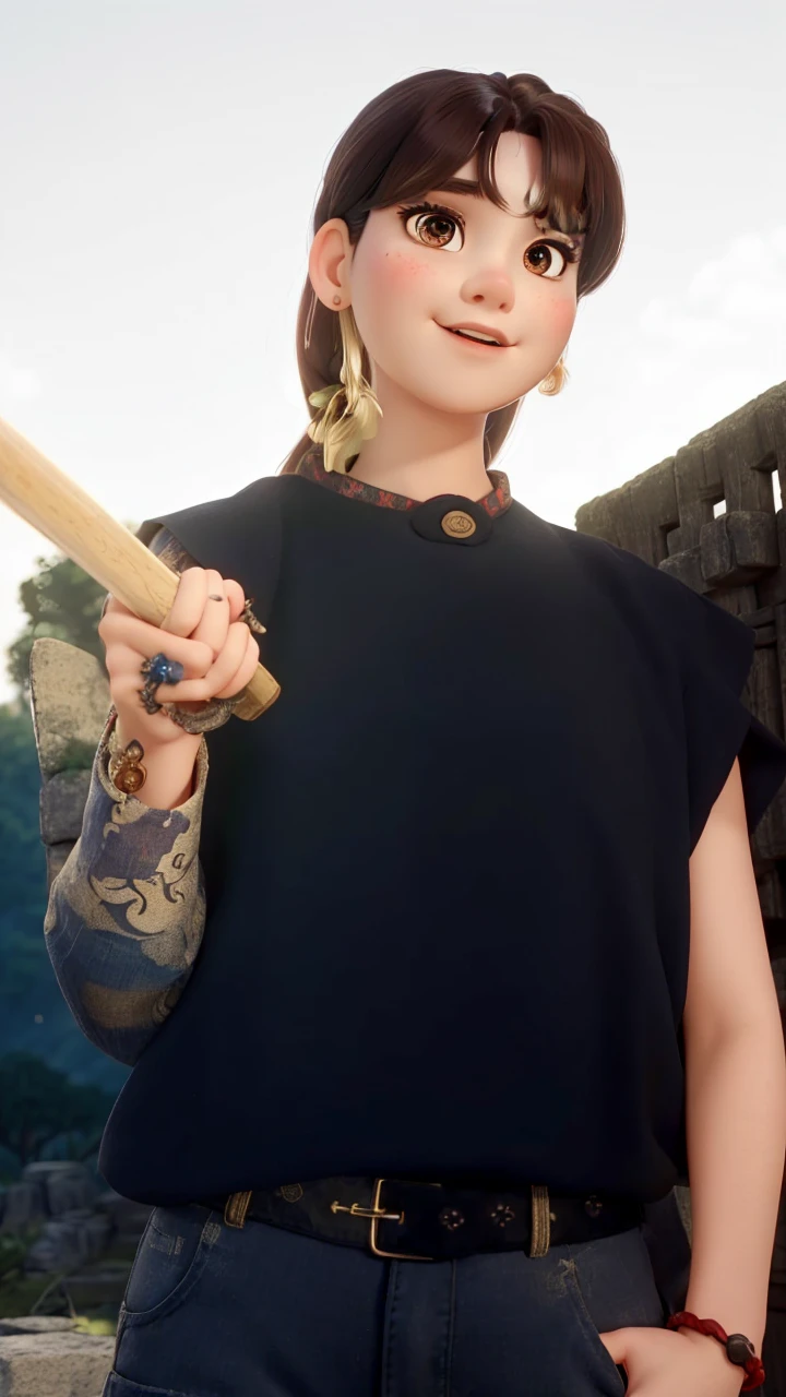 masterpiece, best quality, 1girl, hu tao, hat, red eyes, twintails, brown hair, solo, symbol-shaped pupils, long hair, bangs, official outfit, shorts, china dress, outdoor, Disney Pixar style, dynamic pose, detailed facial features, intricate details, vibrant colors, natural lighting, cinematic composition, dreamlike atmosphere