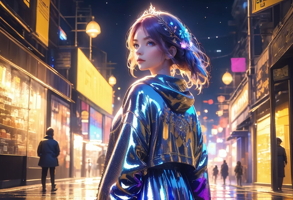 (((zoom out))),8K,((Highest quality)),((high-res)),((shot from behind)),night,She stands front of an open world,((dreaming)),shiny,gritter,thank you!