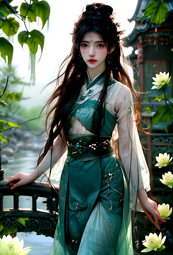 Dark green Hanfu, a woman, cool, fair skin, sea of flowers, pond, petals floating on the water, lily, clavicle, eyes closed, half submerged in water, dark background, moonlight, hairpin, jade pendant, Hanfu, delicate faces, hair accessories, red lips, skirts, belts, jewelry, long hair, earrings, , strands of hair, perfect body proportions, wet, slender legs, bridge