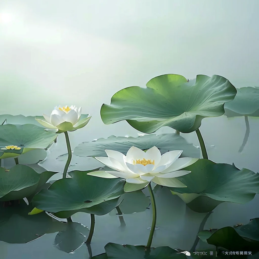 There are two white flowers in the pond,And green leaves, lotus flowers, lotuses, lotus pond, lotus petals, lotus, lotus flower, with lotus flowers, lotus flowers on the water, author:Yang J, by Liang Kai, author:Li Keran, author:Li Kan, standing gracefully upon a lotus, author:Xu Xi, Realistic flower oil painting