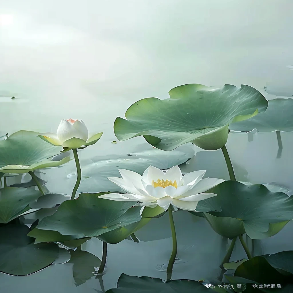 There are two white flowers in the pond,And green leaves, lotus flowers, lotuses, lotus pond, lotus petals, lotus, lotus flower, with lotus flowers, lotus flowers on the water, author:Yang J, by Liang Kai, author:Li Keran, author:Li Kan, standing gracefully upon a lotus, author:Xu Xi, Realistic flower oil painting