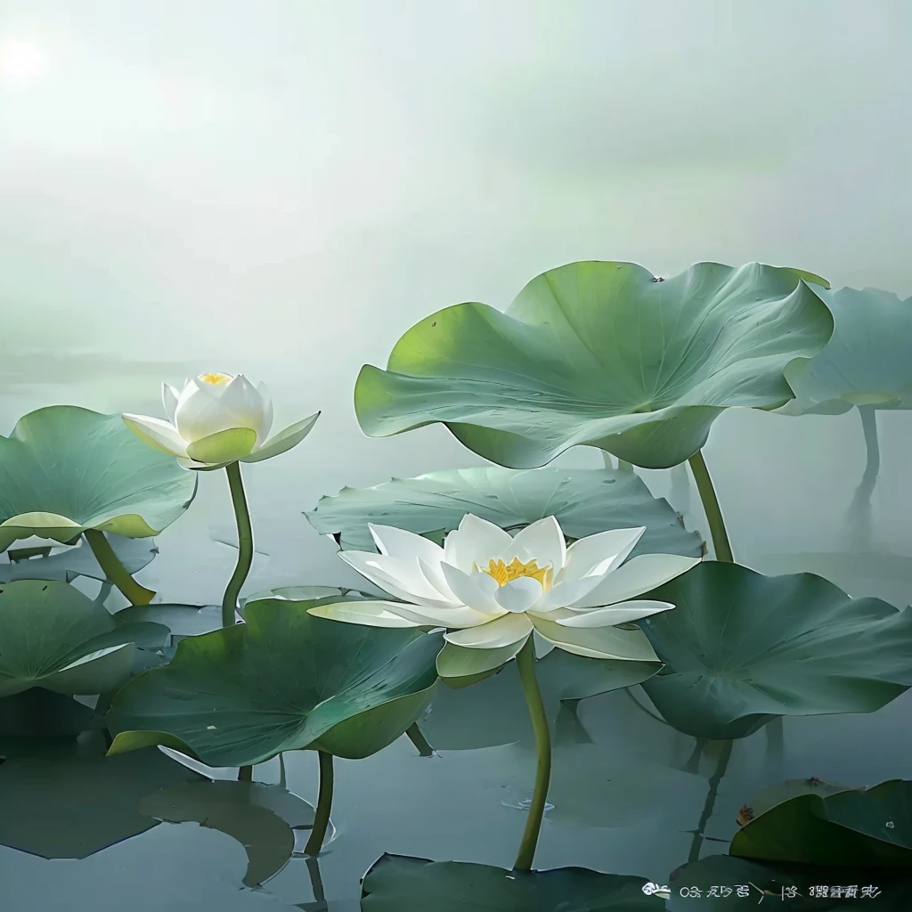 There are two white flowers in the pond，And green leaves, lotus flowers, lotuses, lotus pond, lotus petals, lotus, lotus flower, with lotus flowers, lotus flowers on the water, author：Yang J, by Liang Kai, author：Li Keran, author：Li Kan, standing gracefully upon a lotus, author：Xu Xi, Realistic flower oil painting