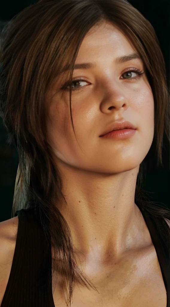 Lara Croft, brown eyes, (best quality, ultra-detailed), (realistic:1.37), beautiful and detailed face, ultra-realistic texture, delicate face, delicate body, red lipstick, bright colors. high definition, 8K, 