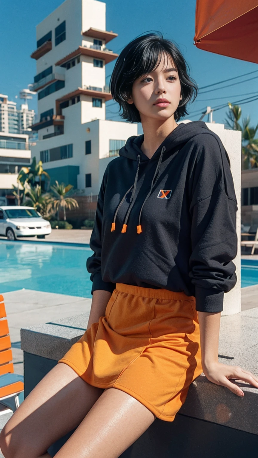 long shot portrait of cute 23 yo girl ,(perfect natural breast),wear ((orange color oversized hoodie)), wear ((purple tennis skirt)),looking viewer,Best Quality,Masterpiece,Ultra High Resolution,(Realisticity:1.4),Original Photo, 1Girl, light leak,ultra high resolution,UHD,beautiful, (black bob hair), almond eye, no makeup, in front of ((80's mondrian architecture motel)), (realistic:1.2), (surreal:1.3), (very detailed:1.1), ((masterpiece)),summer, blue sky, palm trees,sunny, los angles vibes,film camera, 800mm lens,style of Philip Lorca diCorcia,beautiful face, (realistic face), (black hair, short hair:1.3)
