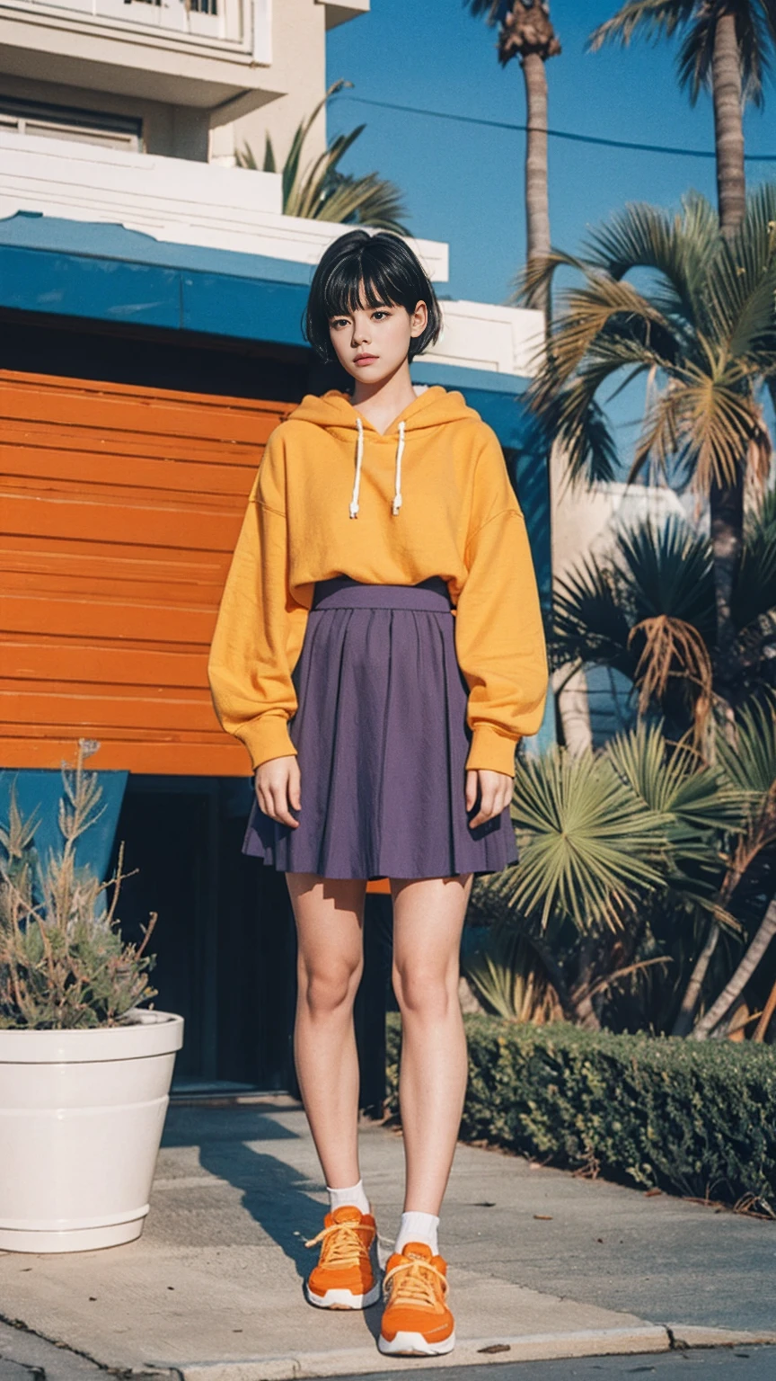 long shot portrait of cute 23 yo girl ,(perfect natural breast),wear ((orange color oversized hoodie)), wear ((purple tennis skirt)),looking viewer,Best Quality,Masterpiece,Ultra High Resolution,(Realisticity:1.4),Original Photo, 1Girl, light leak,ultra high resolution,UHD,beautiful, (black bob hair), almond eye, no makeup, in front of ((80's mondrian architecture motel)), (realistic:1.2), (surreal:1.3), (very detailed:1.1), ((masterpiece)),summer, blue sky, palm trees,sunny, los angles vibes,film camera, 800mm lens,style of Philip Lorca diCorcia,beautiful face, (realistic face), (black hair, short hair:1.3)