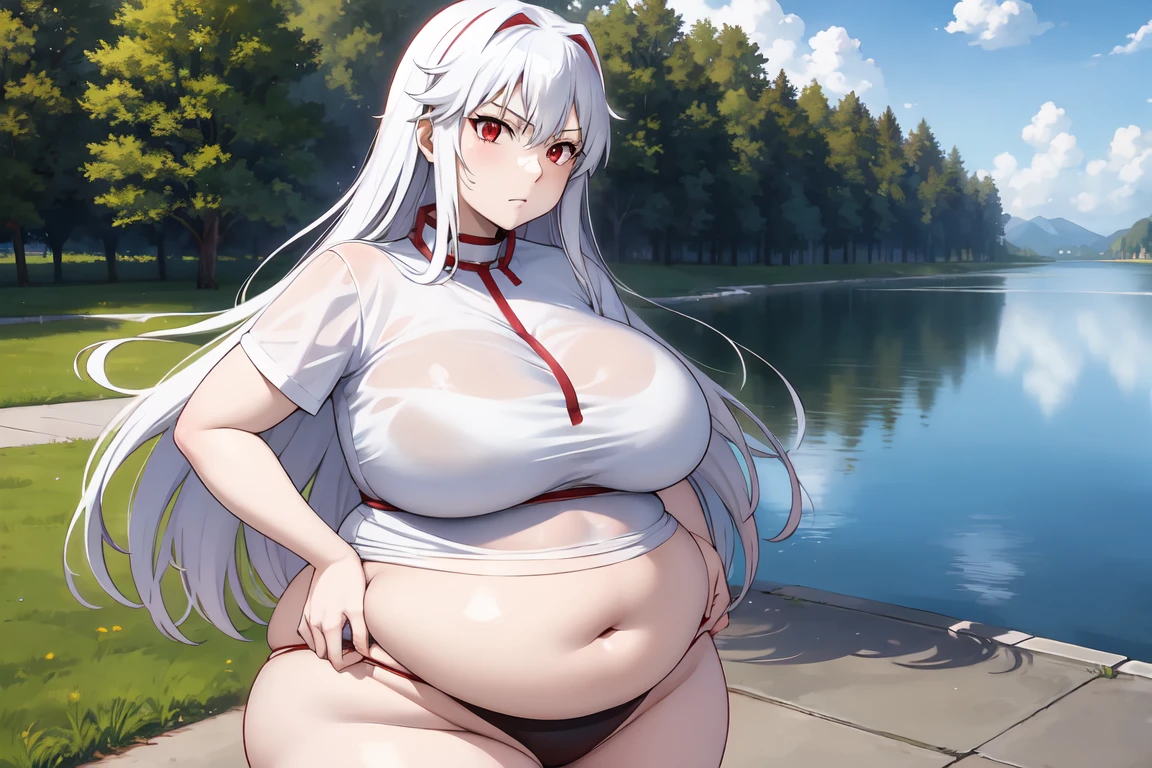 red eyes, accelerator (toaru majutsu no index), white hair, shirt, girl:1.3, massive breasts, wide hips, outdoors, lake, upper body, torn clothes, massive hips, chubby