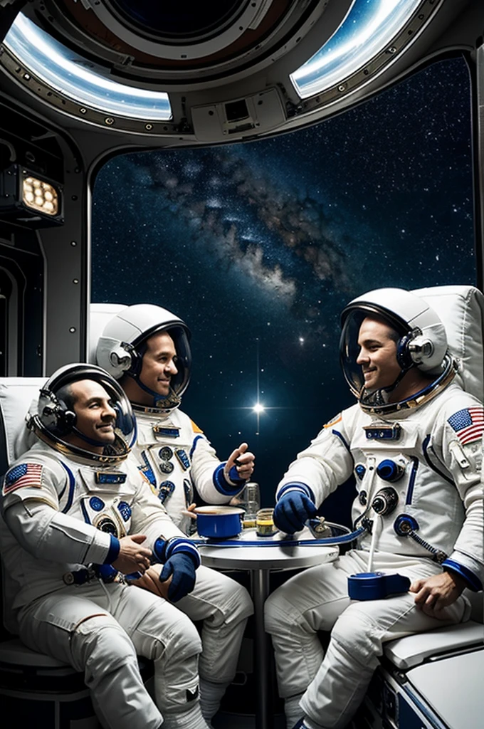 7 astronauts passing a joint sitting in a living room traveling through space