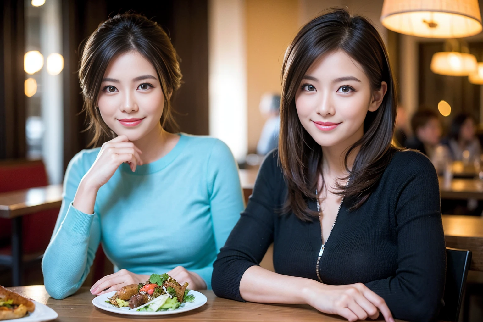 ((Highest quality、8K、masterpiece:1.3))、slimカップル、modelカップル、(Realistic, Intricate details:1.2), full-course dinner、Wine Party、Amazing view of the sunset sky and clouds、A bright smile、The wonderfulness of smile、Bright image、The beauty of wine, Beautiful Face, blue eyes, The light shines on your face, Blushing, short hair,Bright Face、 (Age 37), 39 years old, red wine 、Appetizers、Italian food、Wine bottle、Champagne、sparkling wine、Two beauties、Brown Hair、Shortcuts、Long sleeve shirt、dress、Beautiful woman 1, (slimな顔), (The body is slim), (Brown Hair), (Shortcuts), cheeks turn a little red,Attractive beauty、restaurant, In a prominent place (From the waist up) Nova Frog Style, actress, model, Upper Body, White wine, slim, wine glass, 中央に置かれたwine glass, smile, (smile: 1.15), Beautiful fine grain, Depth f/2,saturation, High Contrast, Strong light and shadow,Moist Body:1.5、3D texture、Delicate eyes、Brown Hair、The hair is very shiny、