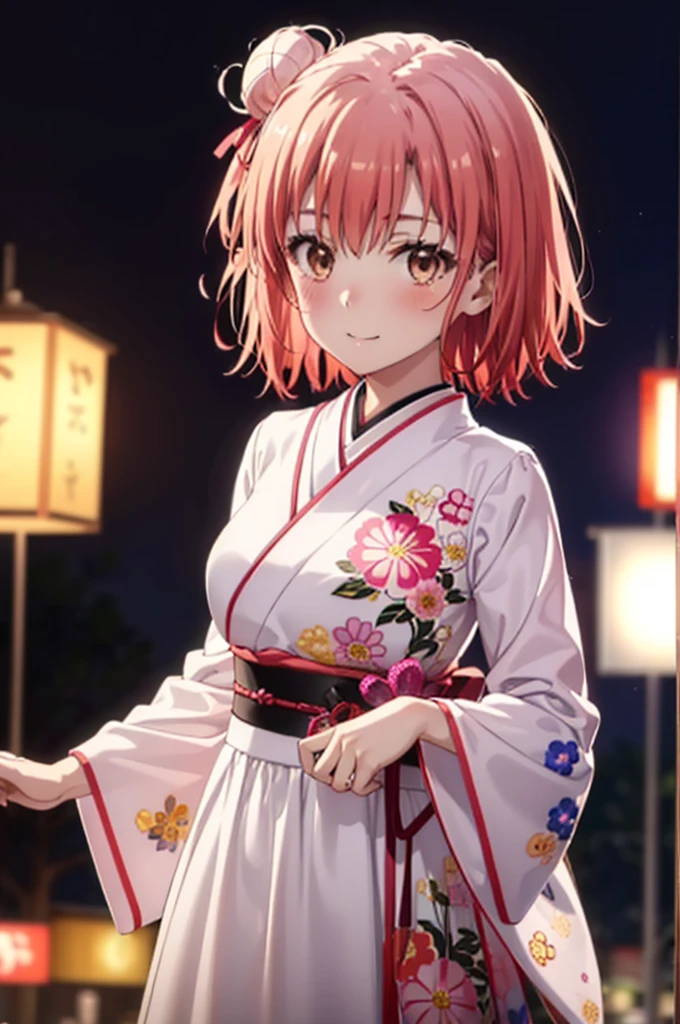 yuiyuigahama, yui yuigahama, short hair, (Brown eyes:1.5), (Pink Hair:1.2), smile,blush,Hair Bun,single Hair Bun, smile,Flower Hair Ornaments,???????????,Pink kimono,Thick sleeves,Pink long skirt,日本のfestival,夏festivalの屋台,Red lantern,Fireworks in the night sky、Fireworks,The place is a fireworks display,Time is night,whole bodyがイラストに入るように,
break outdoors, festival,
break looking at viewer, whole body, (Cowboy Shot:1. 5)
break (masterpiece:1.2), Highest quality, High resolution, unity 8k wallpaper, (figure:0.8), (Beautiful attention to detail:1.6), Highly detailed face, Perfect lighting, Highly detailed CG, (Perfect hands, Perfect ???????),
