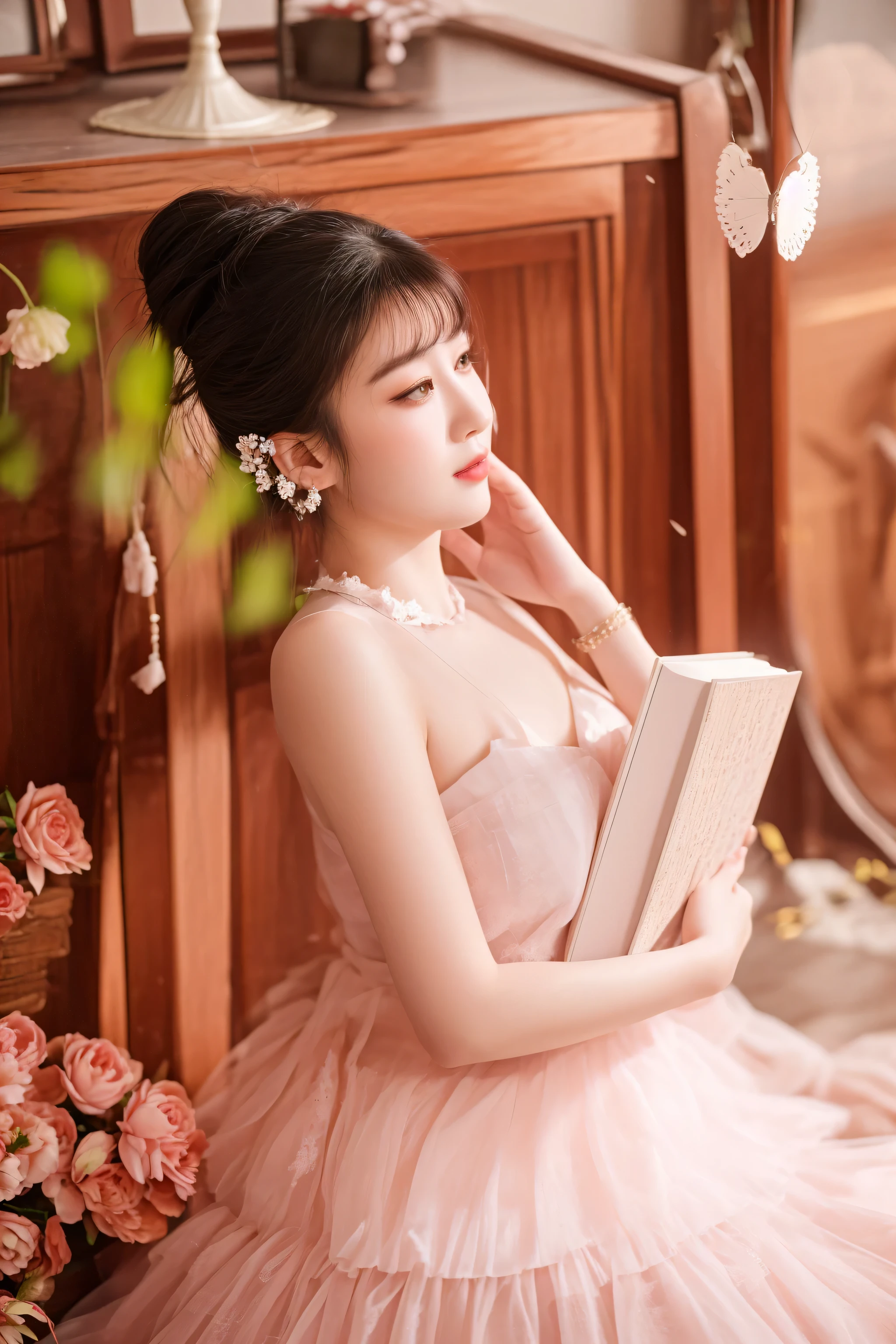 there is a woman sitting on a chair reading a book, beautiful adult book fairy, cute elegant pose, palace ， a girl in hanfu, photo taken with nikon d750, elegant japanese woman, photo taken with nikon d 7 5 0, lovely woman, portrait image, portrait shot, full res, sha xi, high res, bautiful