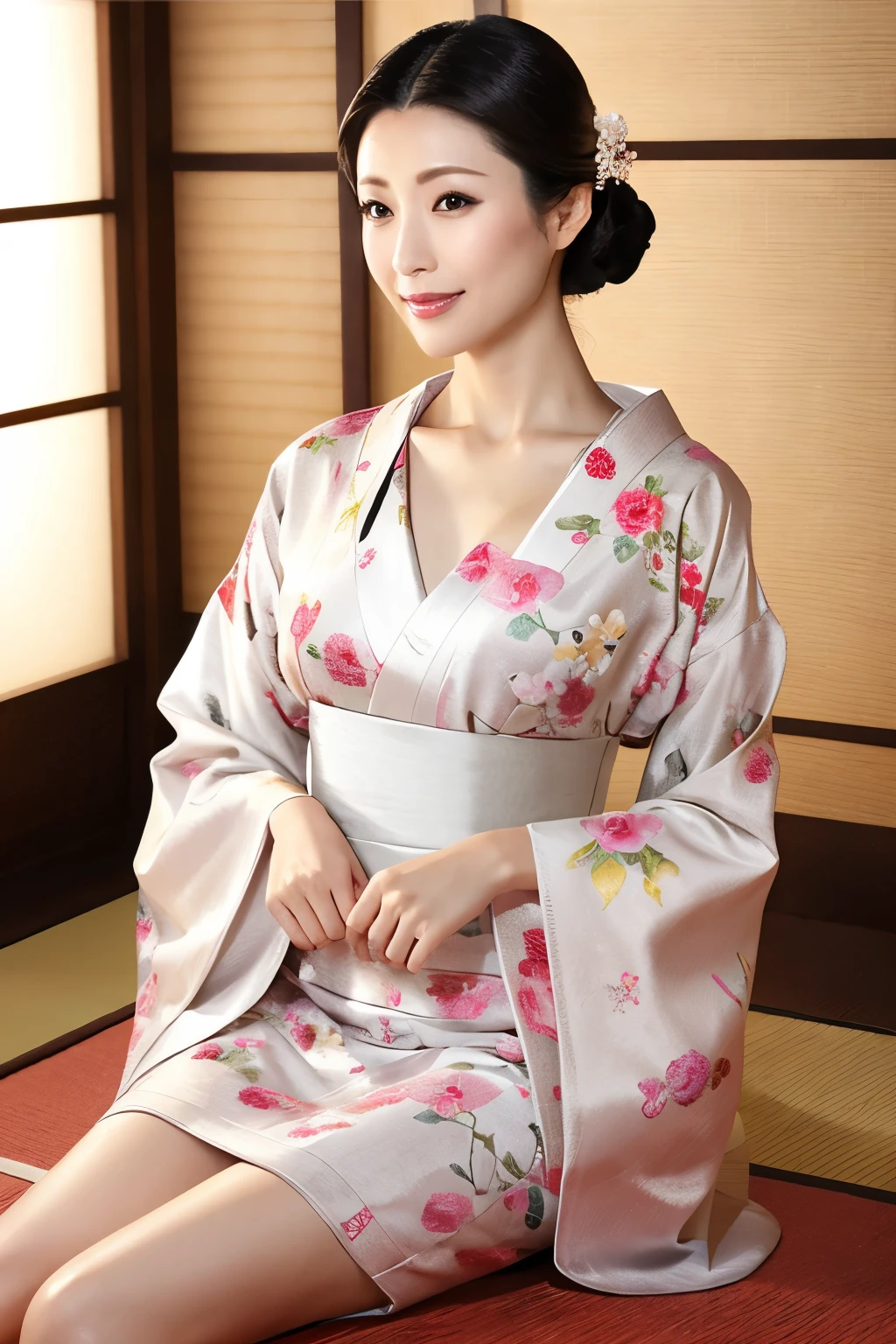 (Highest quality、Tabletop、8K、Best image quality、Award-winning works)、(1 Beautiful Mature Woman:1.1)、(Innkeeper:1.1)、(Elegant floral kimono:1.2)、(A perfect and precise V-neck kimono:1.2)、Perfect Mature Woman Portrait Photo、Glowing Skin、Standing Elegantly、(Blurred elegant and elaborate perfect Japanese style room background:1.3)、(The most natural and perfect tidy Japanese-style room background:1.2)、Glowing White Skin、Very white skin、(Accentuate your body lines:1.1)、(The most elegant posture:1.2)、(Cleavage:1.2)
