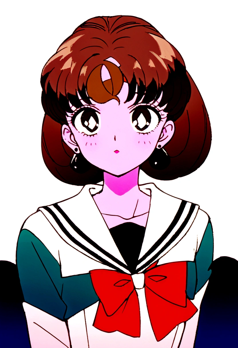 Youma body, pink skin, completely black eyes, little bird wings exclusively on her forehead near her bangs with two small beige mirrored diamond markings next to each other that are between said wings, short brown hair, 1950's girl hairstyle, DD Girl,  sailor fuku with red tie.