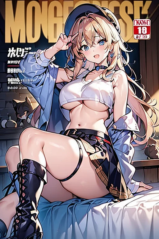 (masterpiece:1.2), (Military uniform magazine cover:1.4),best quality,PIXIV,Sweet girl , sexy posture,1girl, (perky chest:1.2), rolling upskirt by wind:1.6, (with sparkling eyes and a contagious smile),open mouth, (pointed chest:1.2),fishnets, black hair, boots, long hair, black nails, skirt, shirt, black footwear, bag, black skirt, jewelry, jacket, thigh strap, bangs, necktie, earrings, nail polish, multicolored hair, looking at viewer, full body, bottle, own hands together, belt, jacket on shoulders, food, cats on head, ring, choker, english text, collared shirt, blue eyes, hat, lace-up boots ,masterpiece、highest quality、Very detailed、An illustration、Beautiful fine details、One Girl、cute、Detailed landscape、Training Room Background:1.4、Platinum Blonde Hair、Braided Ponytail、Red camisole、((c cup breasts, Tank top showing underboob:1.4))