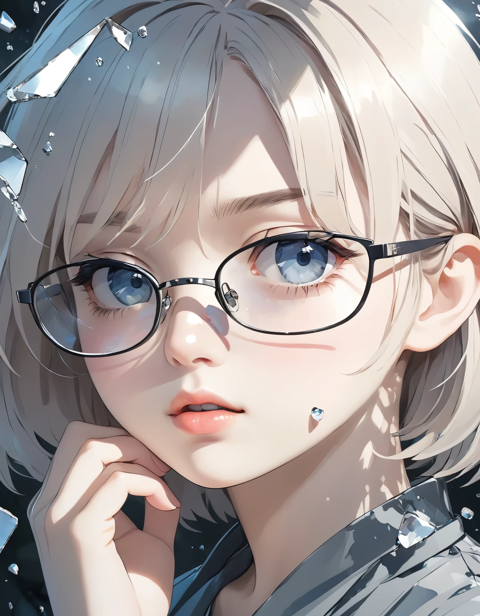 (anime style:1.4),Soft pictorial touches、超High resolution, Attention to detail, high quality, High resolution, 最high quality, 4K, 8K,posters、artwork、Works by famous artists、Stylish and cool piece、Girl reflected in broken glass、Picture from the front、face、Put your right hand on your cheek、Sad expression、Semi-long hair、Cute Girls、bionde、Wearing glasses