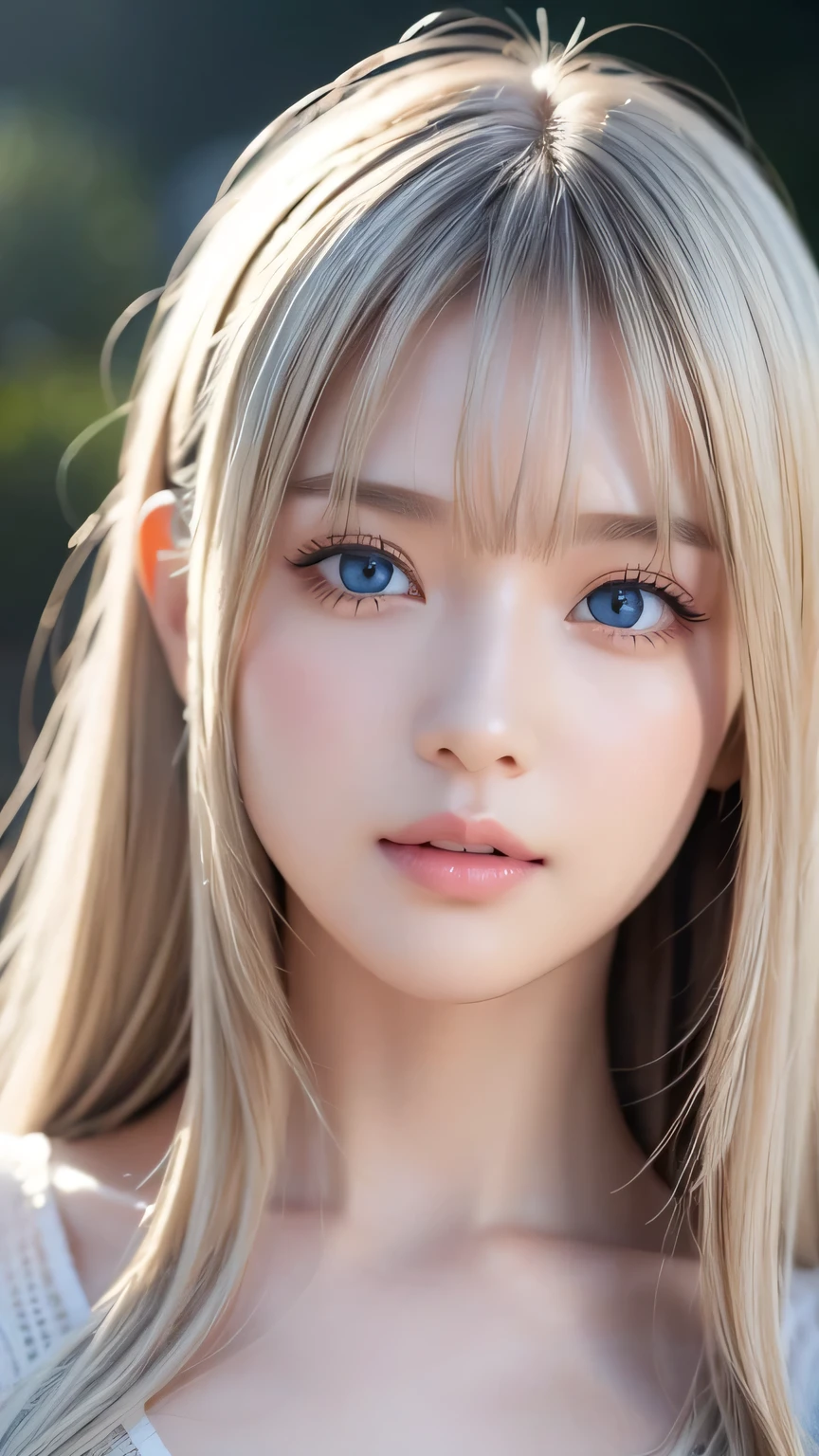 Dressed、(Photorealistic:1.4)、(ハイパーRealistic:1.4)、(Realistic:1.3)、(Smooth lighting:1.05)、(Improved cinematic lighting quality:0.9)、32k、1 Girl、A beautiful woman、Very cute expression、A beautiful 15 year old blonde girl、bangs that fall on the face、Bangs left over the eyeessy bangs between the eyes and nose、Realistic top lighting、Backlight、Face Light、Super long silky platinum hair、Blonde rays、(Bright light:1.2)、(quality improvement:1.4)、(Highest quality realistic textured skin:1.4)、Very beautiful, detailed, shiny, very bright, mint blue, large eyes、Very big eyes、Detailed face、A careful eye for quality、(Tired, sleepy and satisfied: 0.0)、Face close up、T-Shirts、(Enhances the body line:1.1)、(Enhances the beauty of skin texture:1.1)、Cheek gloss highlighter、Small Face Beauty、Round face、Very white and bright skin