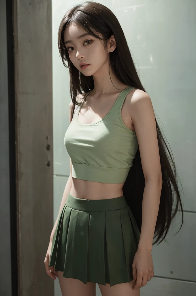 20 year old girl, green tank top, green skirt, long hair, high contrast (Natural skin texture, Hyperrealism, Soft Light, sharp), portrait, standing, kpop