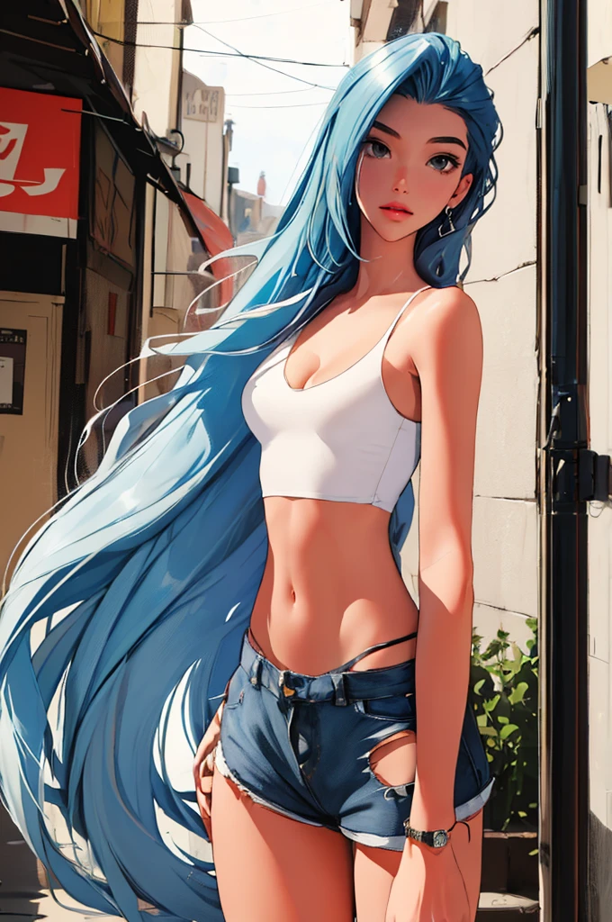 (best quality: 1.2), clean face, (masterpiece: 1.2, 8k) perfect anatomy, 1girl,a beautiful fashion model ,(masterpiece, official art, best quality ,long and shiny hair, blue hair with streaks in hair, long hair, full lips, slender body, slim body big breasts, looking at viewer, revealing outfit, absurdity, intricate details, dynamic pose, club, , wearing short shorts and a tight white top, cleavage, torn clothes, thong straps, 